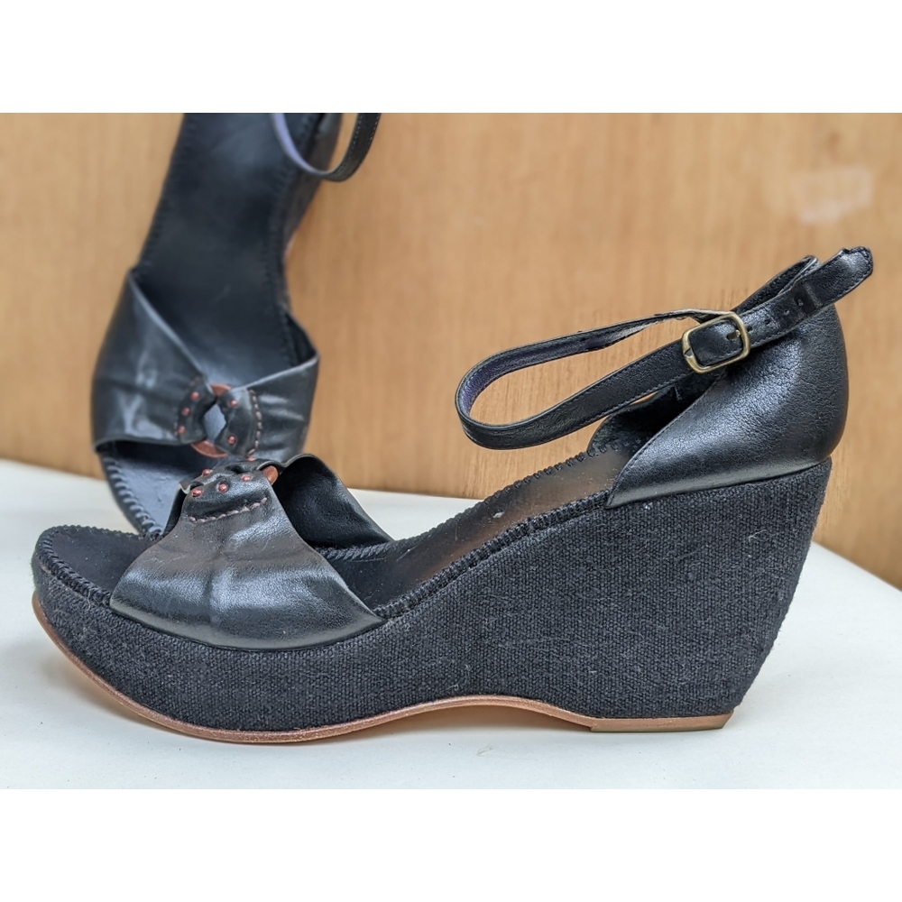 Henry Cuir retro black leather platform canvas wedges ankle strap 41
